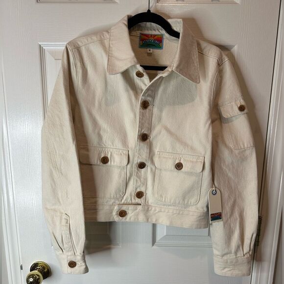 NWT Daily Blue Cream Denim Jacket Button-Up Long Sleeve Medium $419 Retail! - Picture 1 of 11